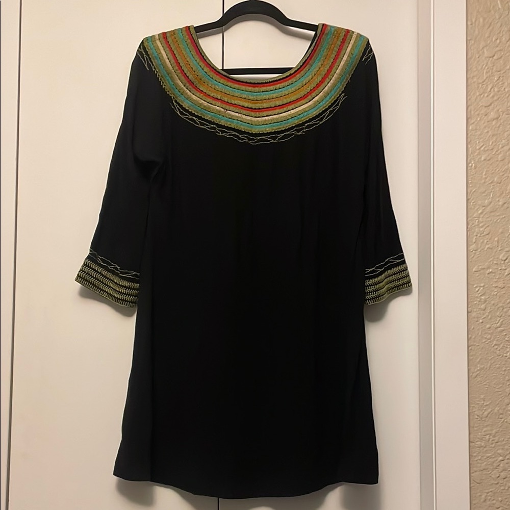 Uncle Frank Black and Green Dress with Cuffed Sleeves and Bib Collar